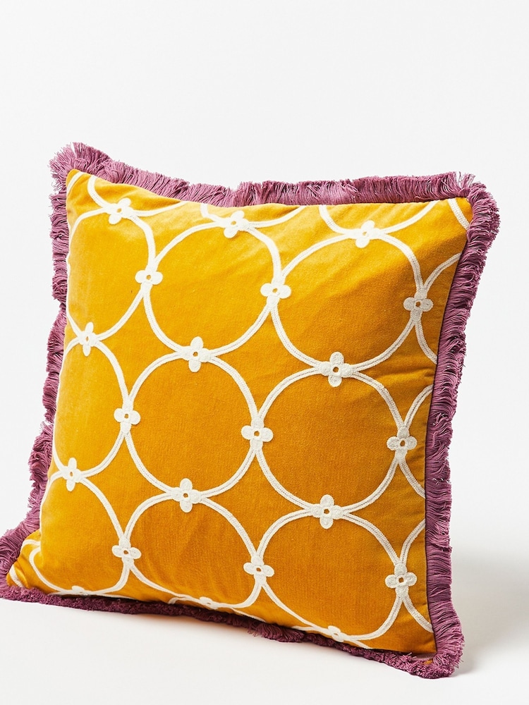 Oliver Bonas Yellow Embroidered Loop Velvet Cushion Cover - Image 1 of 4