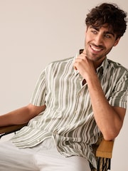 Green Linen Blend Stripe Short Sleeve Shirt - Image 1 of 8