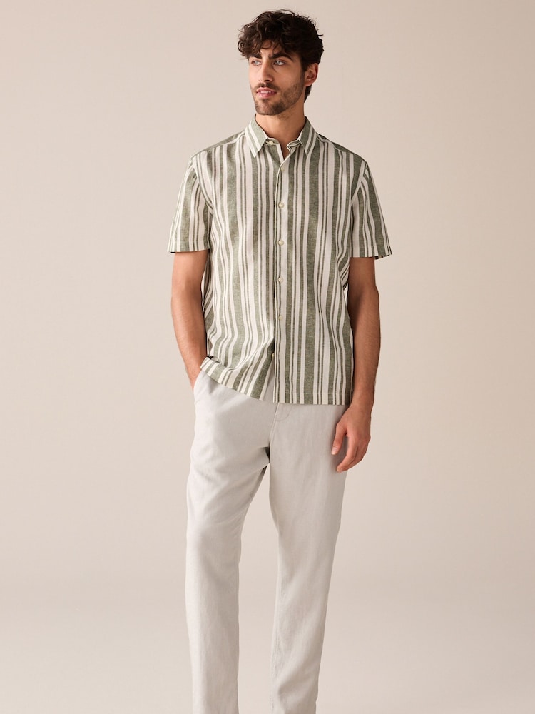 Green Linen Blend Stripe Short Sleeve Shirt - Image 2 of 8