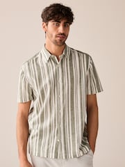 Green Linen Blend Stripe Short Sleeve Shirt - Image 3 of 8