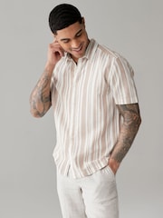 Stone Linen Blend Stripe Short Sleeve Shirt - Image 1 of 7