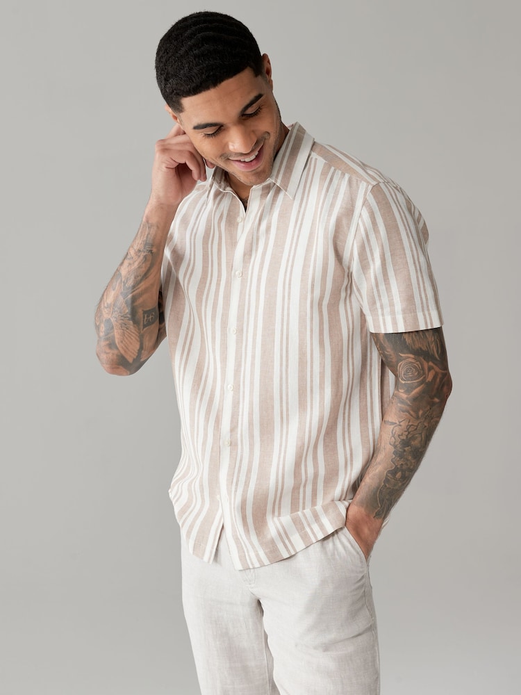 Stone Linen Blend Stripe Short Sleeve Shirt - Image 1 of 7