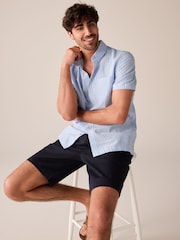 Blue Linen Blend Stripe Short Sleeve Shirt - Image 1 of 8