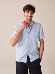 Blue Linen Blend Stripe Short Sleeve Shirt - Image 2 of 8