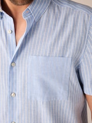 Blue Linen Blend Stripe Short Sleeve Shirt - Image 4 of 8