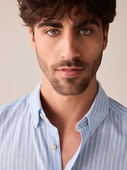 Blue Linen Blend Stripe Short Sleeve Shirt - Image 5 of 8