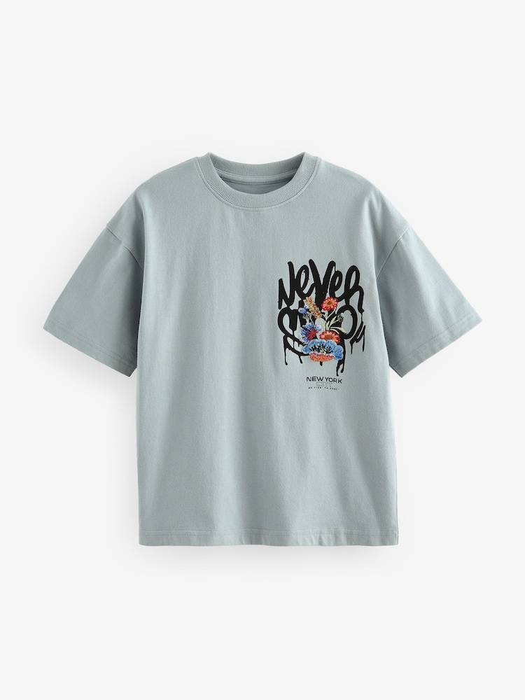 Серый с вышивкой - Relaxed Fit Short Sleeve Graphic Print T-Shirt (3-16yrs) - Image 1 of 3