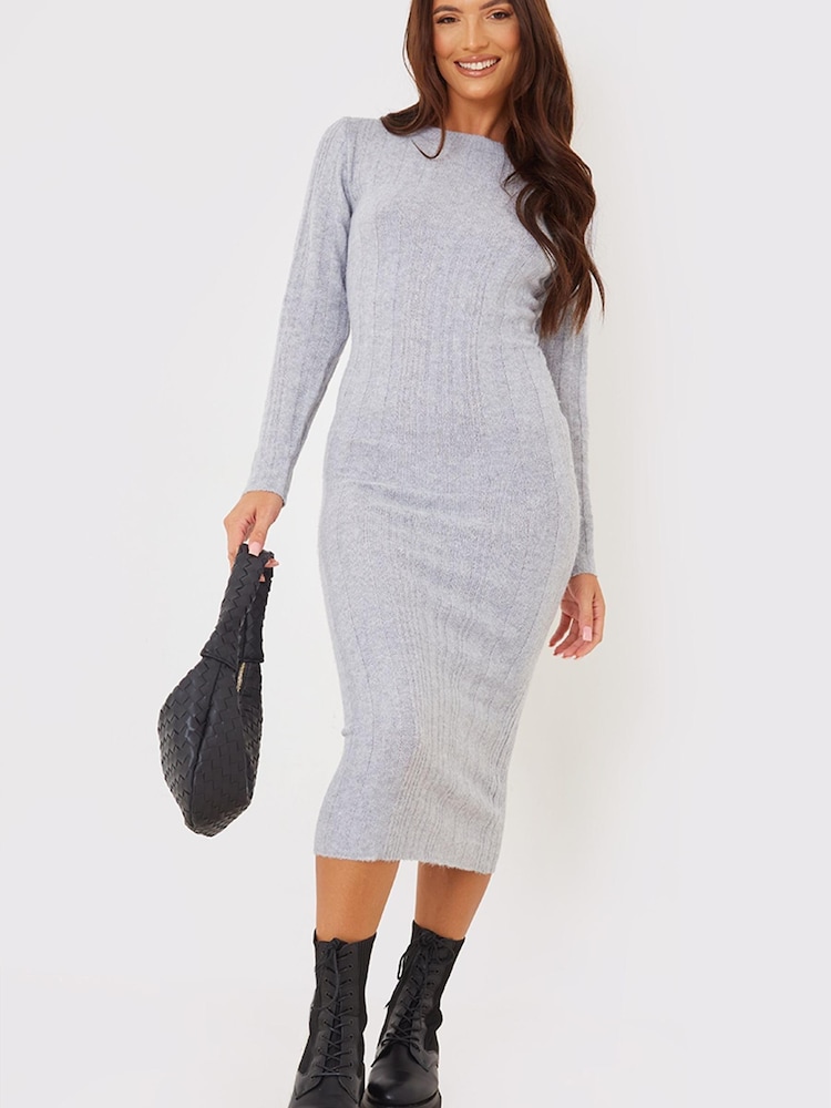 In The Style Grey Gemma Atkinson Ribbed Long Sleeved Midi Dress - Image 4 of 6