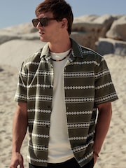 Green Textured Horizontal Stripe Short Sleeve Cuban Collar Shirt - Image 2 of 7