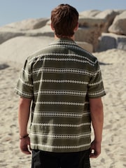 Green Textured Horizontal Stripe Short Sleeve Cuban Collar Shirt - Image 3 of 7
