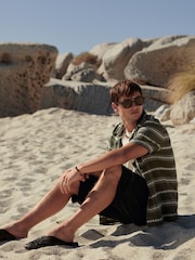 Green Textured Horizontal Stripe Short Sleeve Cuban Collar Shirt - Image 4 of 7