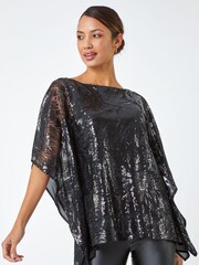 Roman Black Sequin Overlay Stretch Top - Image 1 of 5