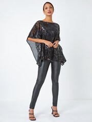 Roman Black Sequin Overlay Stretch Top - Image 2 of 5