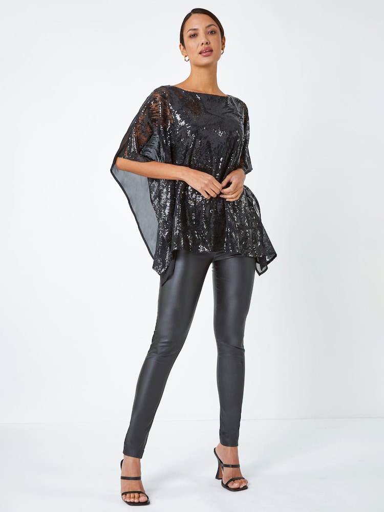 Roman Black Sequin Overlay Stretch Top - Image 2 of 5