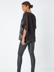 Roman Black Sequin Overlay Stretch Top - Image 3 of 5