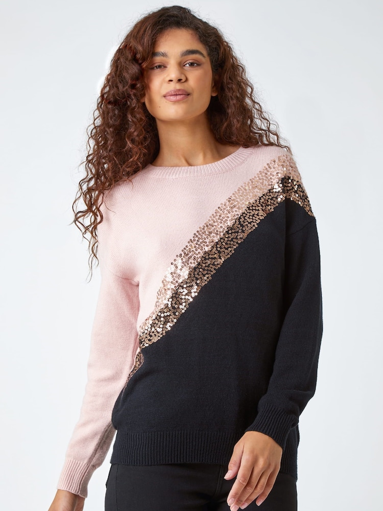 Roman Black Sequin Embellished Colourblock Jumper - Image 1 of 5