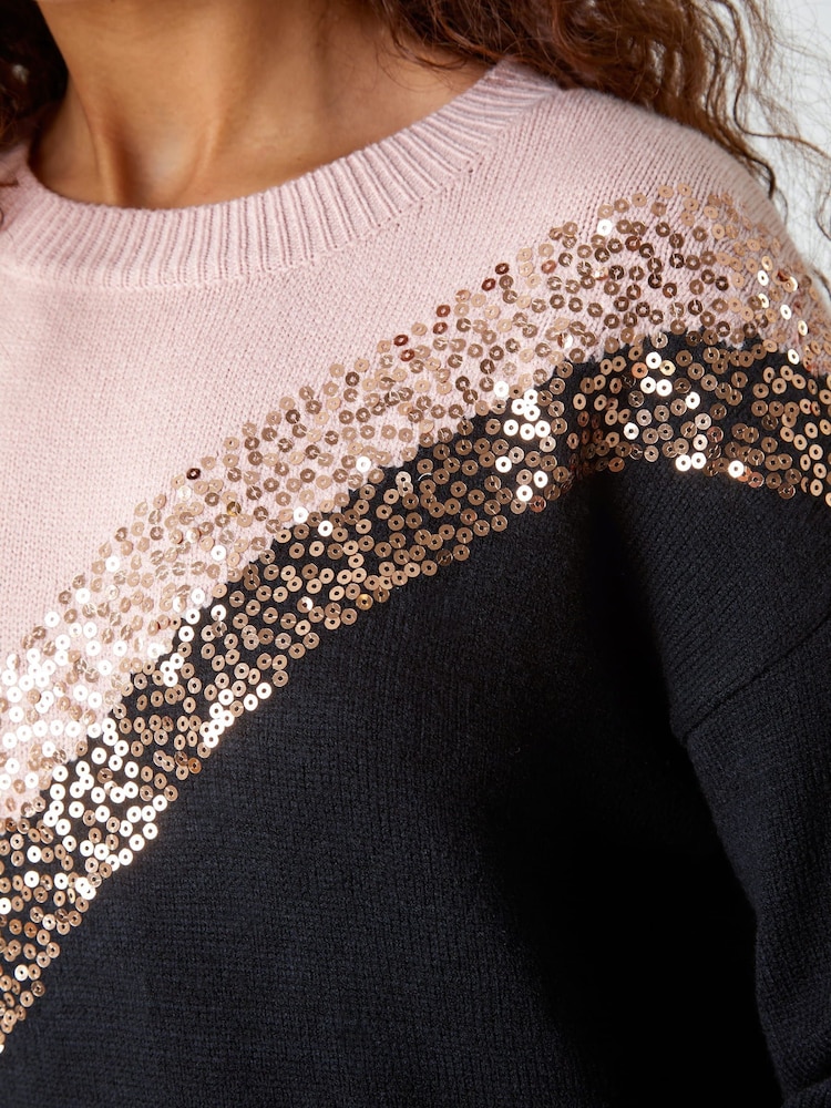 Roman Black Sequin Embellished Colourblock Jumper - Image 5 of 5