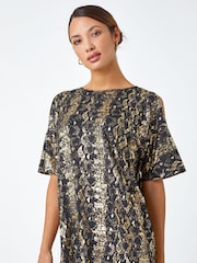 Roman Black Foil Print Cold Shoulder Stretch Top - Image 1 of 5