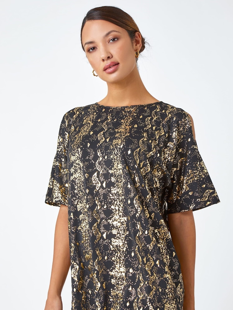 Roman Black Foil Print Cold Shoulder Stretch Top - Image 1 of 5