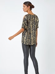 Roman Black Foil Print Cold Shoulder Stretch Top - Image 2 of 5