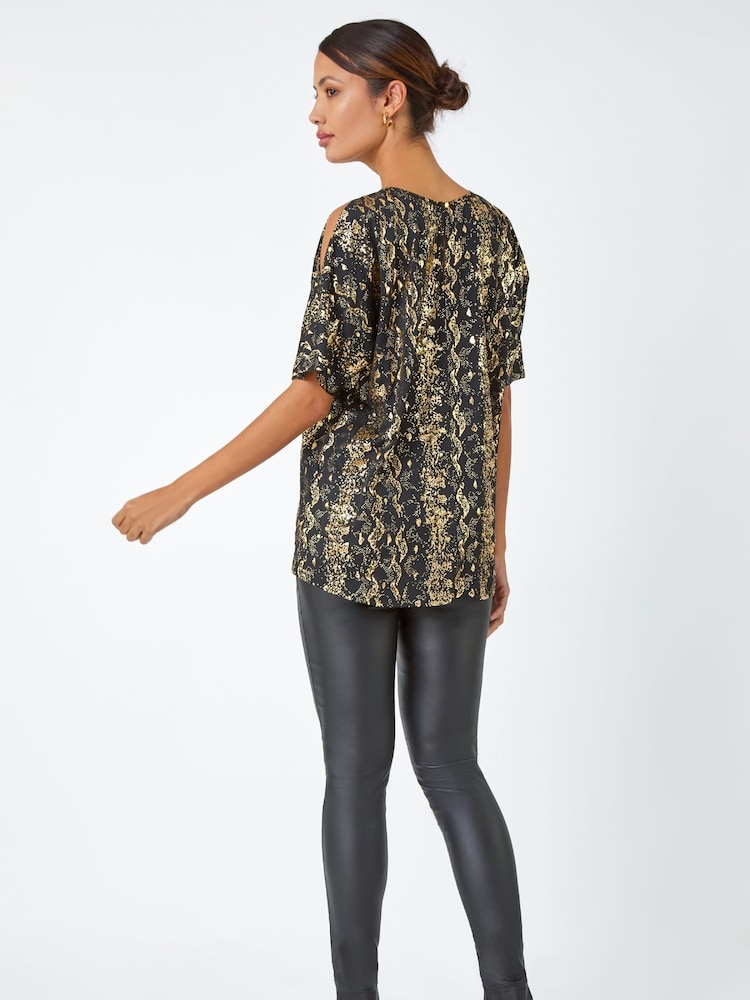 Roman Black Foil Print Cold Shoulder Stretch Top - Image 2 of 5