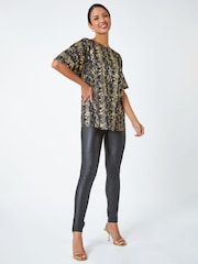 Roman Black Foil Print Cold Shoulder Stretch Top - Image 3 of 5