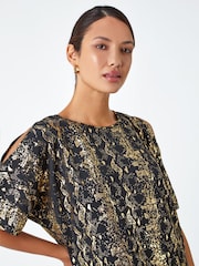 Roman Black Foil Print Cold Shoulder Stretch Top - Image 5 of 5