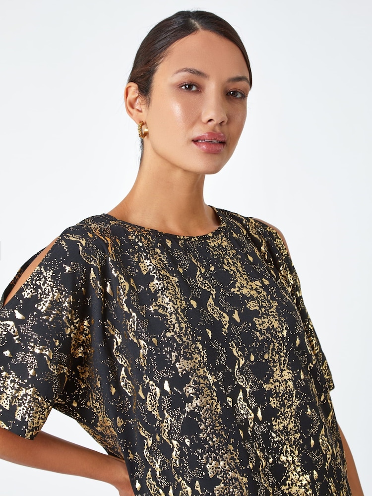 Roman Black Foil Print Cold Shoulder Stretch Top - Image 5 of 5