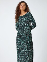 Roman Green Abstract Wave Print Stretch Midi Dress - Image 1 of 5
