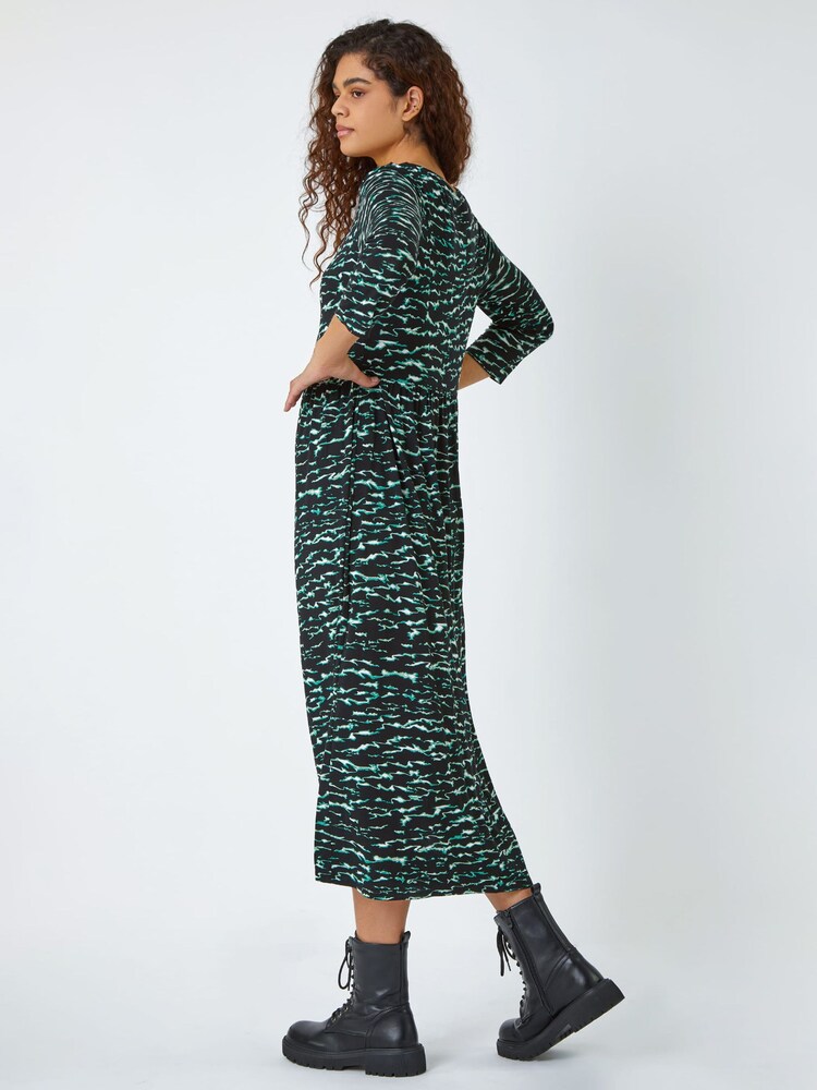 Roman Green Abstract Wave Print Stretch Midi Dress - Image 2 of 5