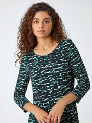 Roman Green Abstract Wave Print Stretch Midi Dress - Image 4 of 5