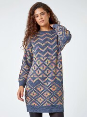 Roman Blue Geometric Print Jacquard Knitted Jumper Dress - Image 1 of 6