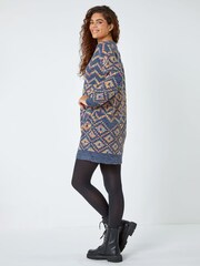 Roman Blue Geometric Print Jacquard Knitted Jumper Dress - Image 3 of 6