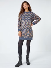 Roman Blue Geometric Print Jacquard Knitted Jumper Dress - Image 4 of 6