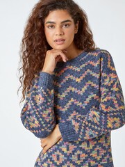 Roman Blue Geometric Print Jacquard Knitted Jumper Dress - Image 6 of 6