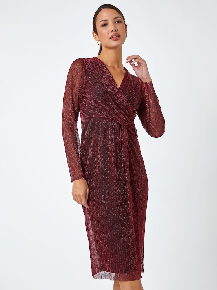 Roman Red Metallic Shimmer Midi Wrap Dress - Image 1 of 5