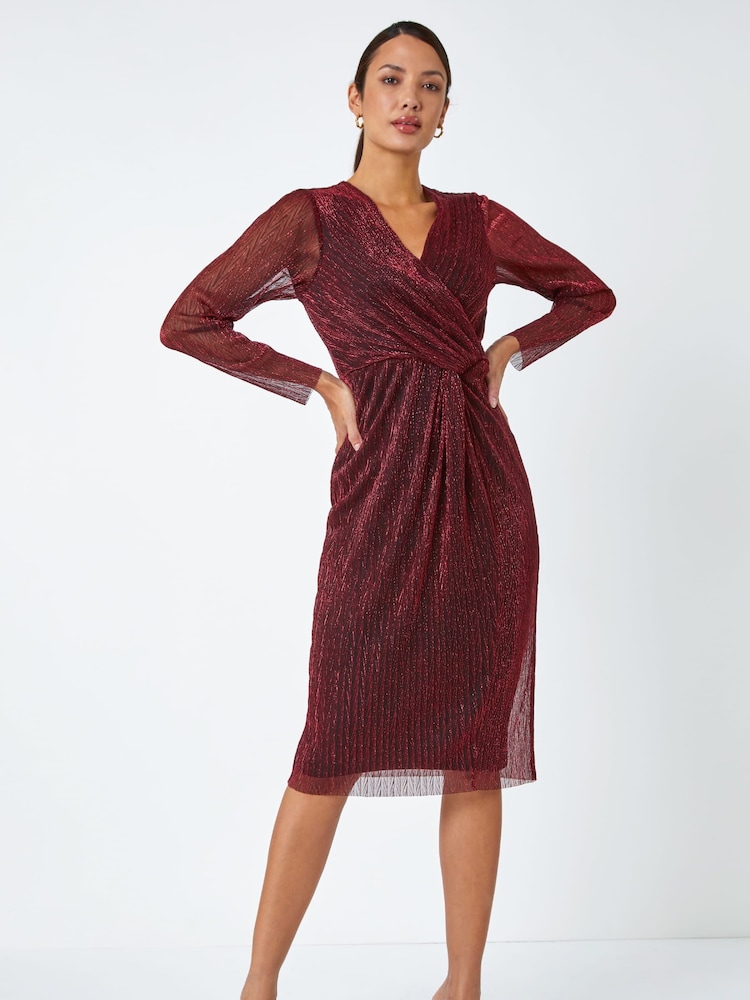 Roman Red Metallic Shimmer Midi Wrap Dress - Image 2 of 5