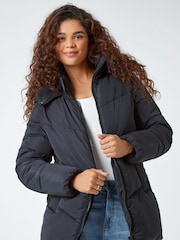 Roman Black Hooded Padded Short Coat - Image 1 of 5