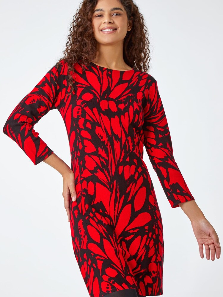 Roman Red Butterfly Print Knitted Stretch Dress - Image 1 of 5