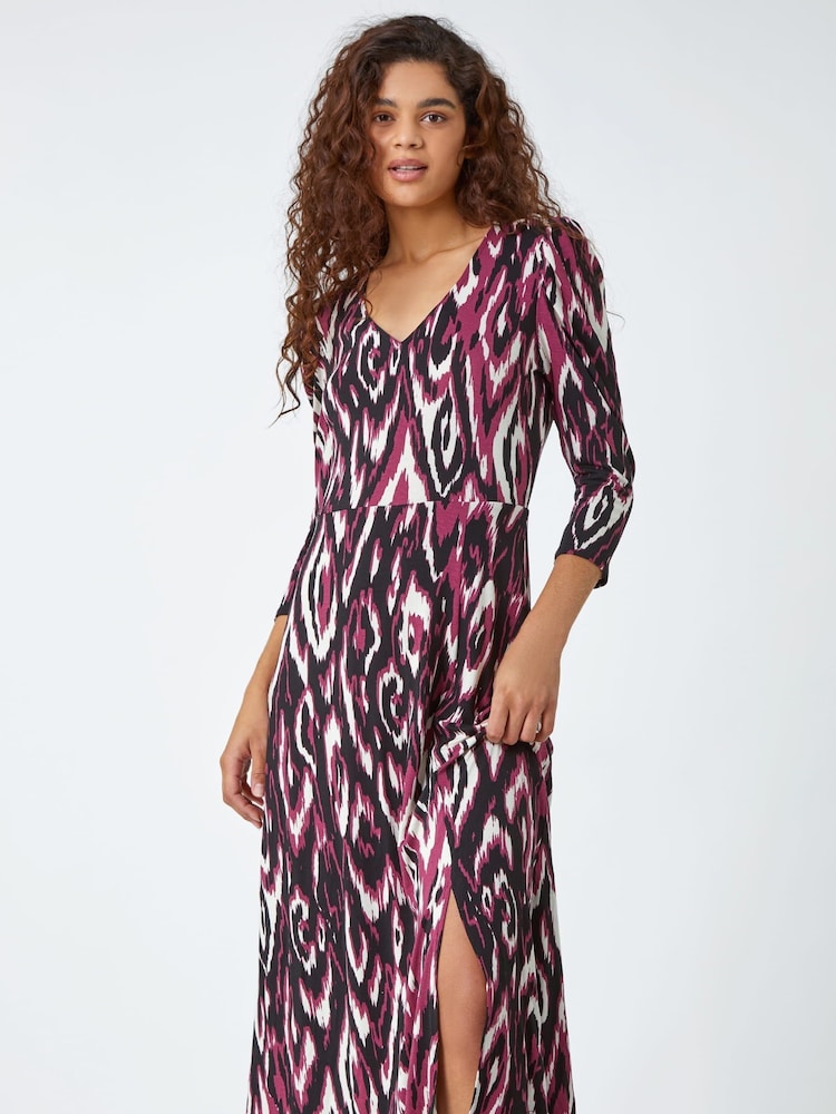 Roman Purple Abstract Aztec Print Midi Stretch Dress - Image 1 of 5