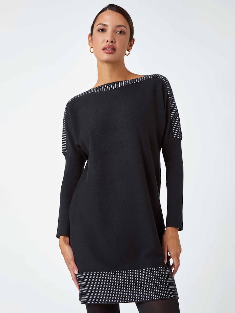 Roman Black Contrast Spot Border Knit Jumper Dress - Image 1 of 5 Roman Black Contrast Spot Border Knit Jumper Dress - Image 1 of 5