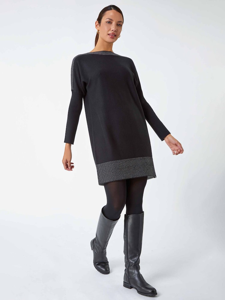 Roman Black Contrast Spot Border Knit Jumper Dress - Image 2 of 5 Roman Black Contrast Spot Border Knit Jumper Dress - Image 2 of 5