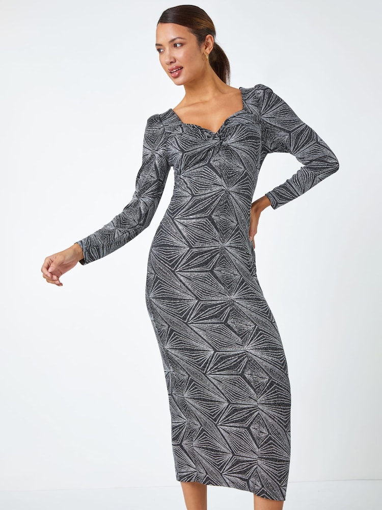 Roman Metallic Geometric Sparkle Midi Stretch Dress - Image 1 of 5