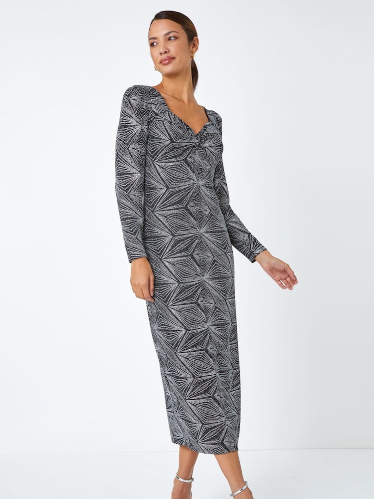 Roman Metallic Geometric Sparkle Midi Stretch Dress - Image 2 of 5