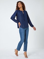 Roman Blue Tie Detail Sparkle Stretch Jersey Top - Image 1 of 6