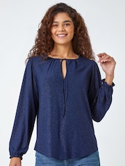 Roman Blue Tie Detail Sparkle Stretch Jersey Top - Image 4 of 6
