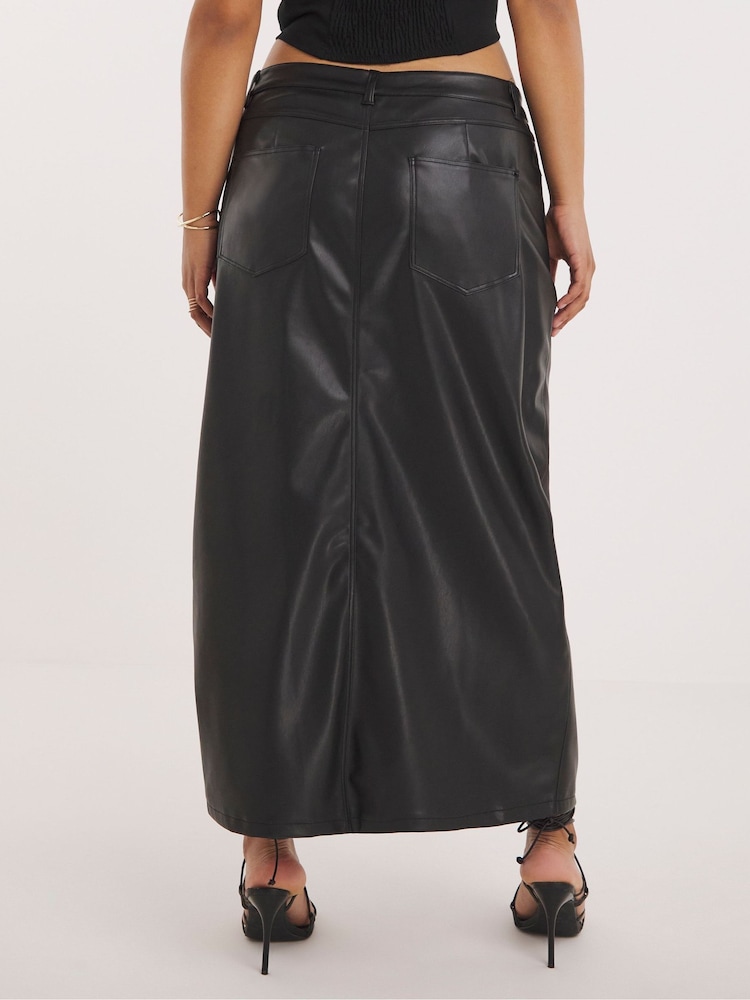 Simply Be Black PU Stretch Maxi Skirt with Front Split - Image 2 of 5 Simply Be Black PU Stretch Maxi Skirt with Front Split - Image 2 of 5