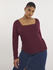 Simply Be Red Lace Square Neck Ribbed Top - Image 1 of 4