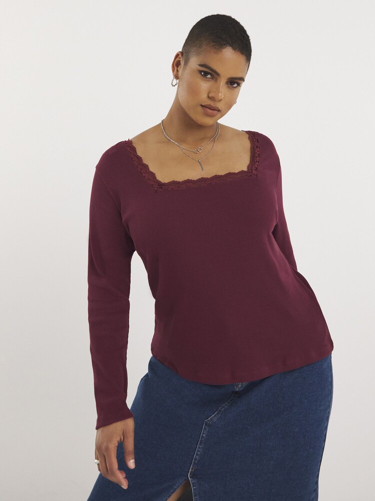 Simply Be Red Lace Square Neck Ribbed Top - Image 1 of 4