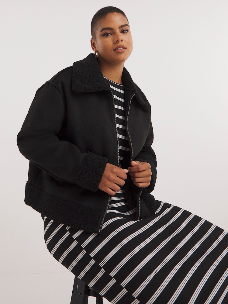 Simply Be Black Zip Through Suedette Aviator Jacket - Image 1 of 1